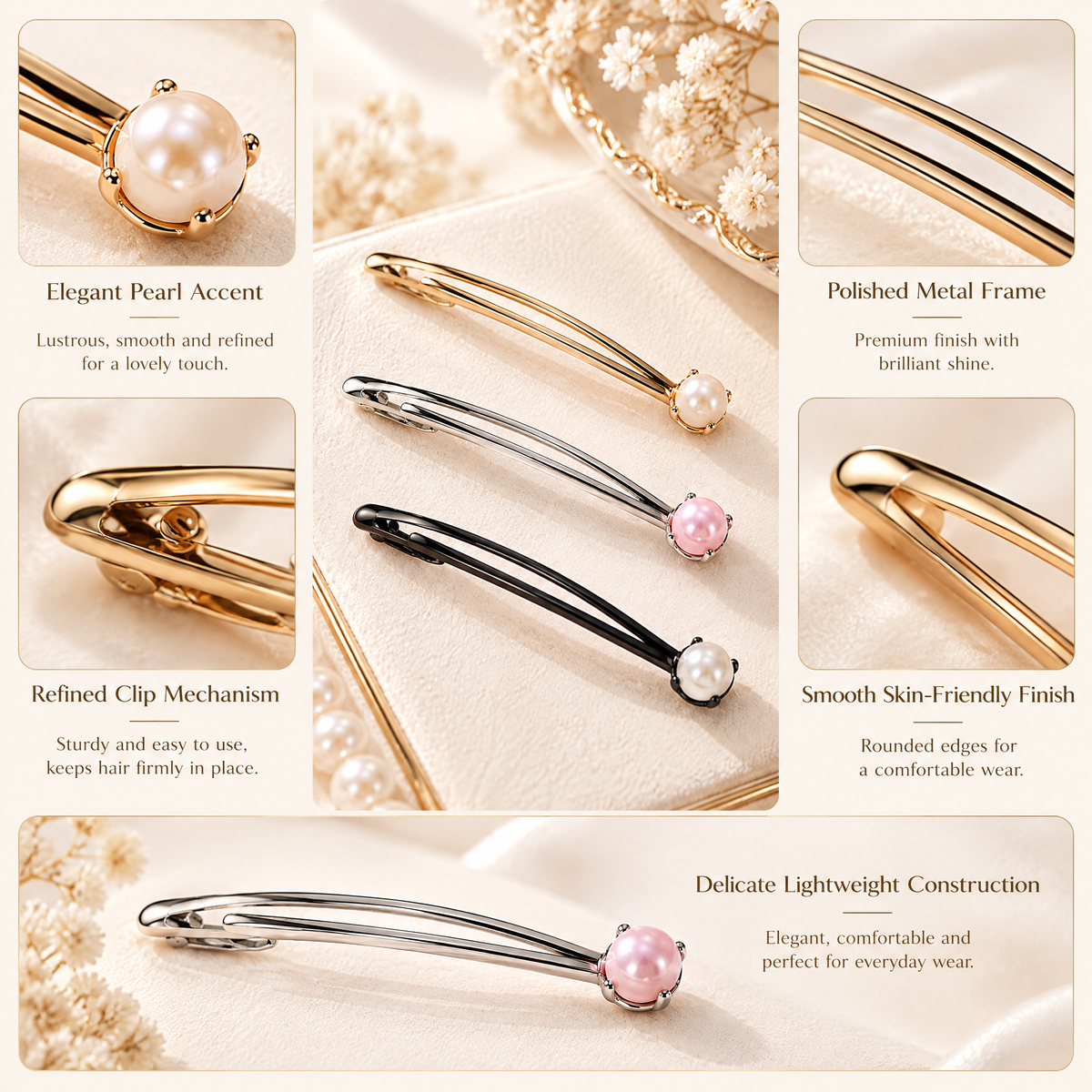 Avelnoris™ Pearl Accent Slim Hair Barrette Set