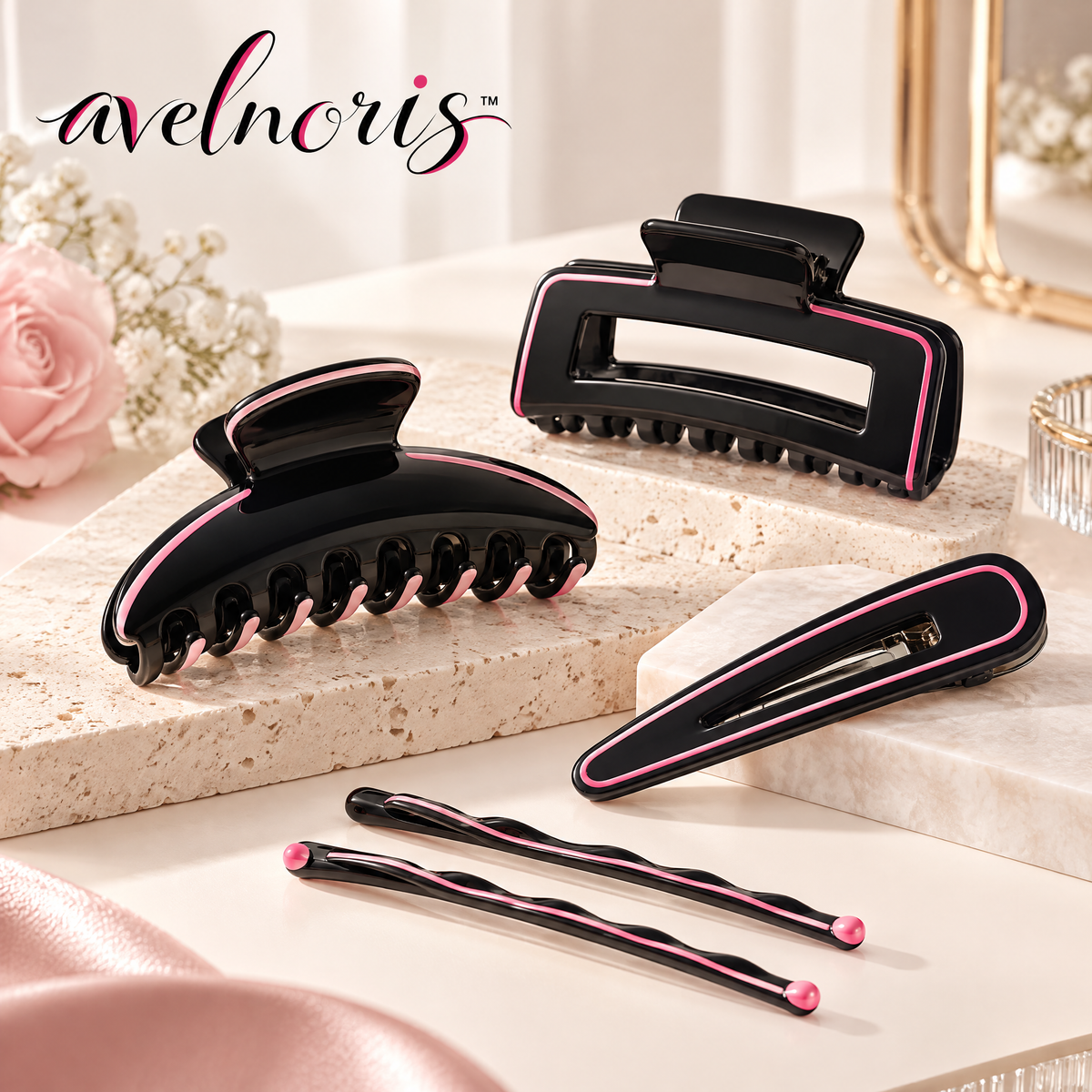 Avelnoris™ Black & Pink Everyday Hair Clip Collection