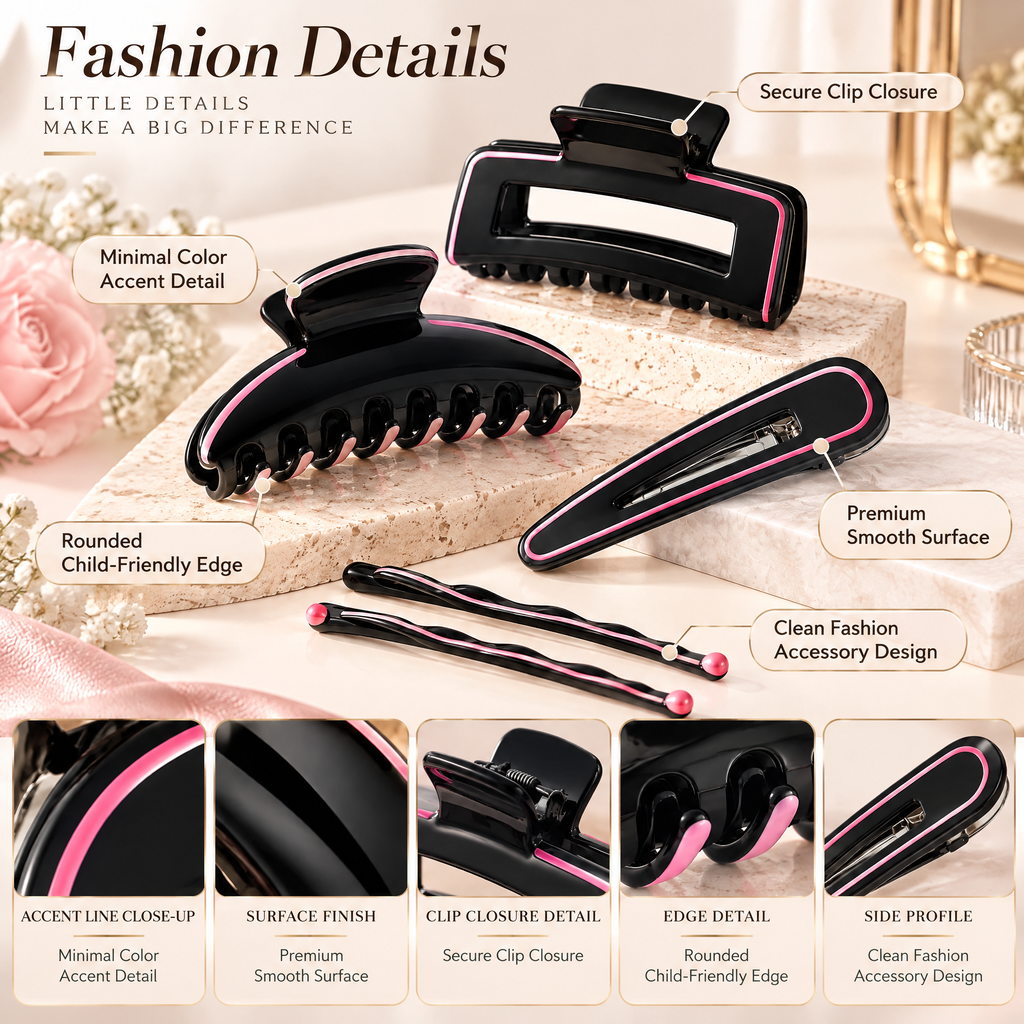 Avelnoris™ Black & Pink Everyday Hair Clip Collection