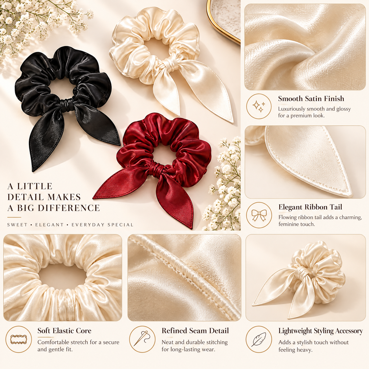 Avelnoris™ Satin Bow Scrunchie Set