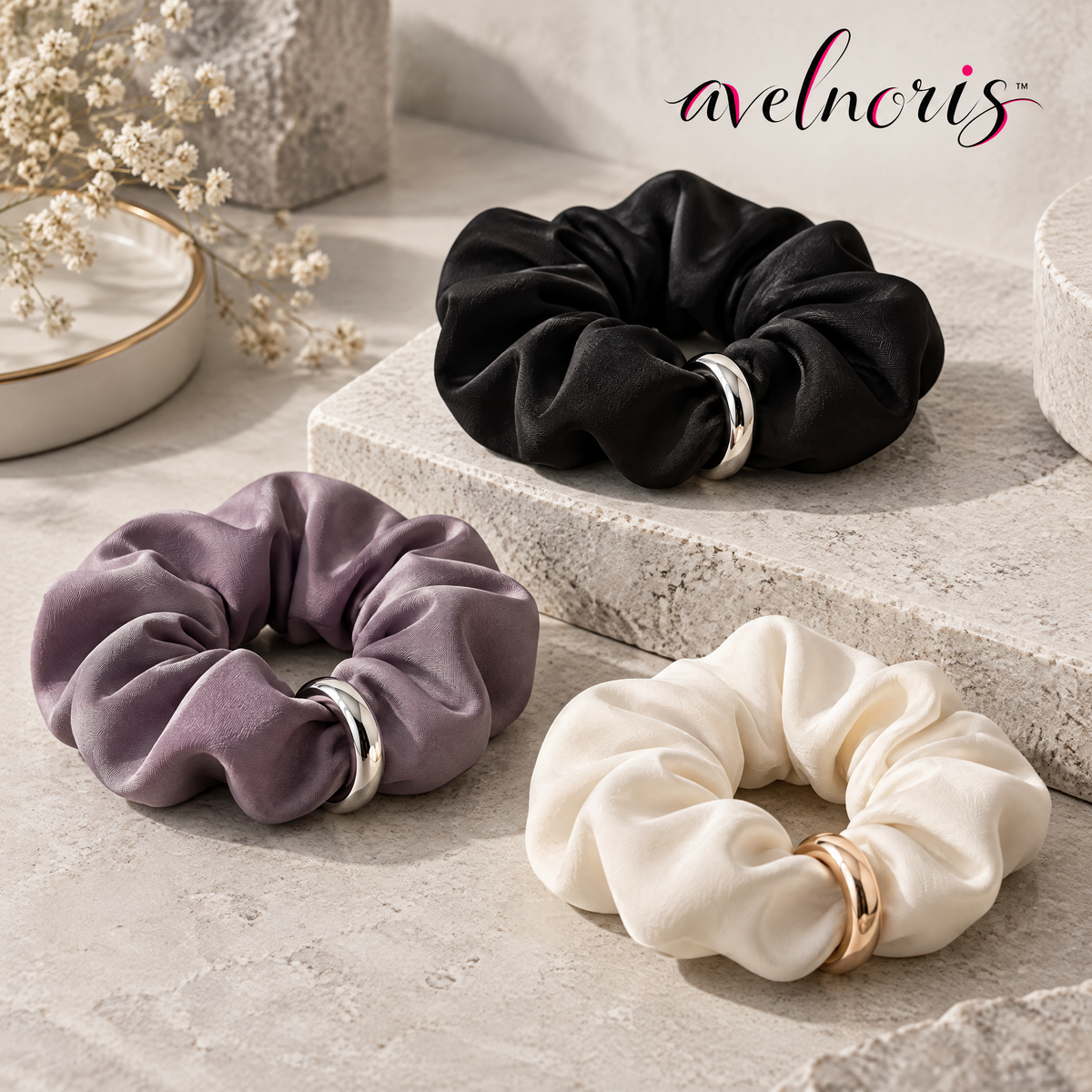 Avelnoris™ Satin Ring Accent Scrunchie Set