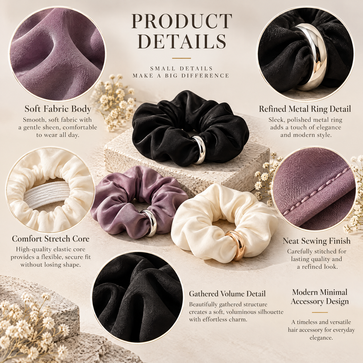 Avelnoris™ Satin Ring Accent Scrunchie Set