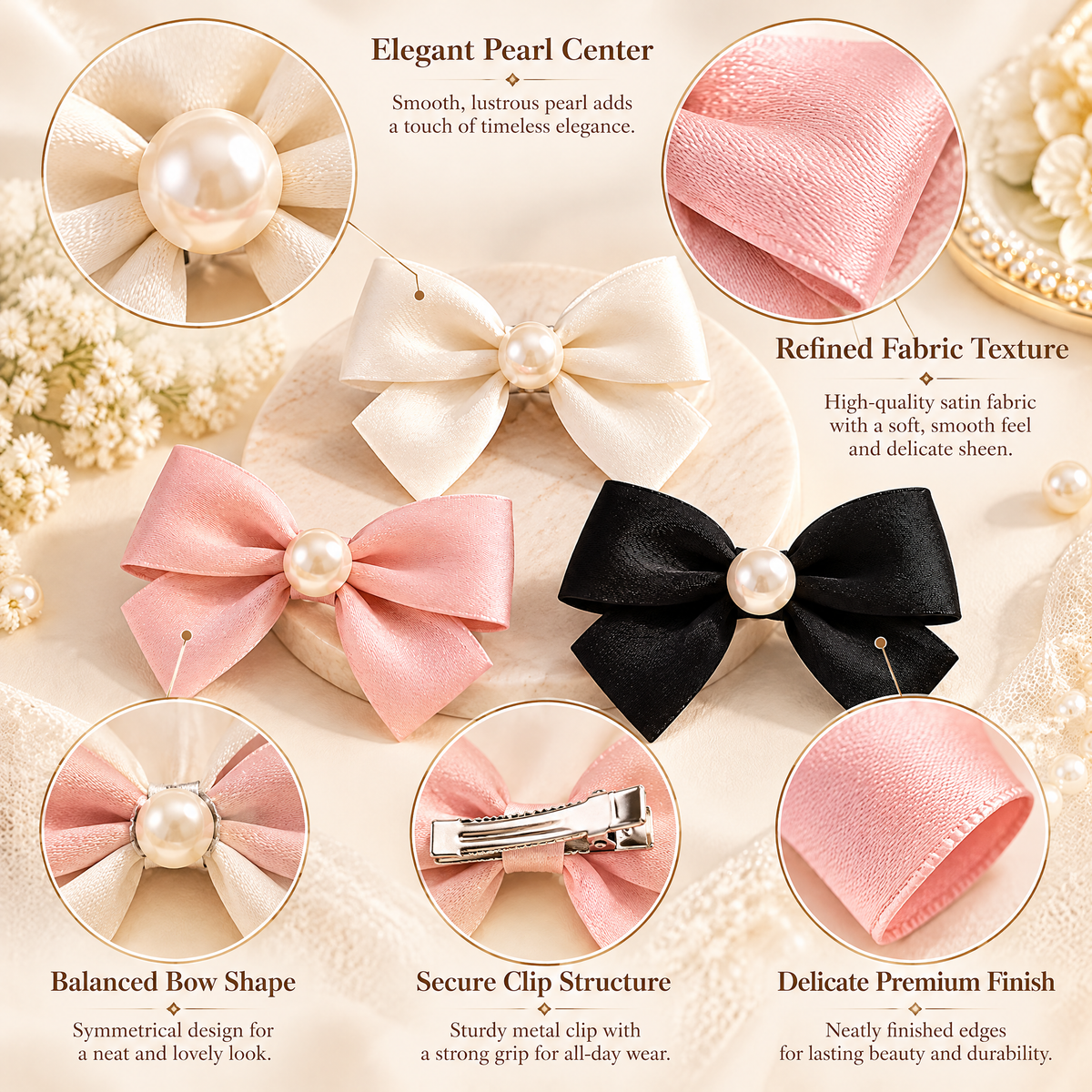 Avelnoris™ Pearl Center Satin Bow Clip Set