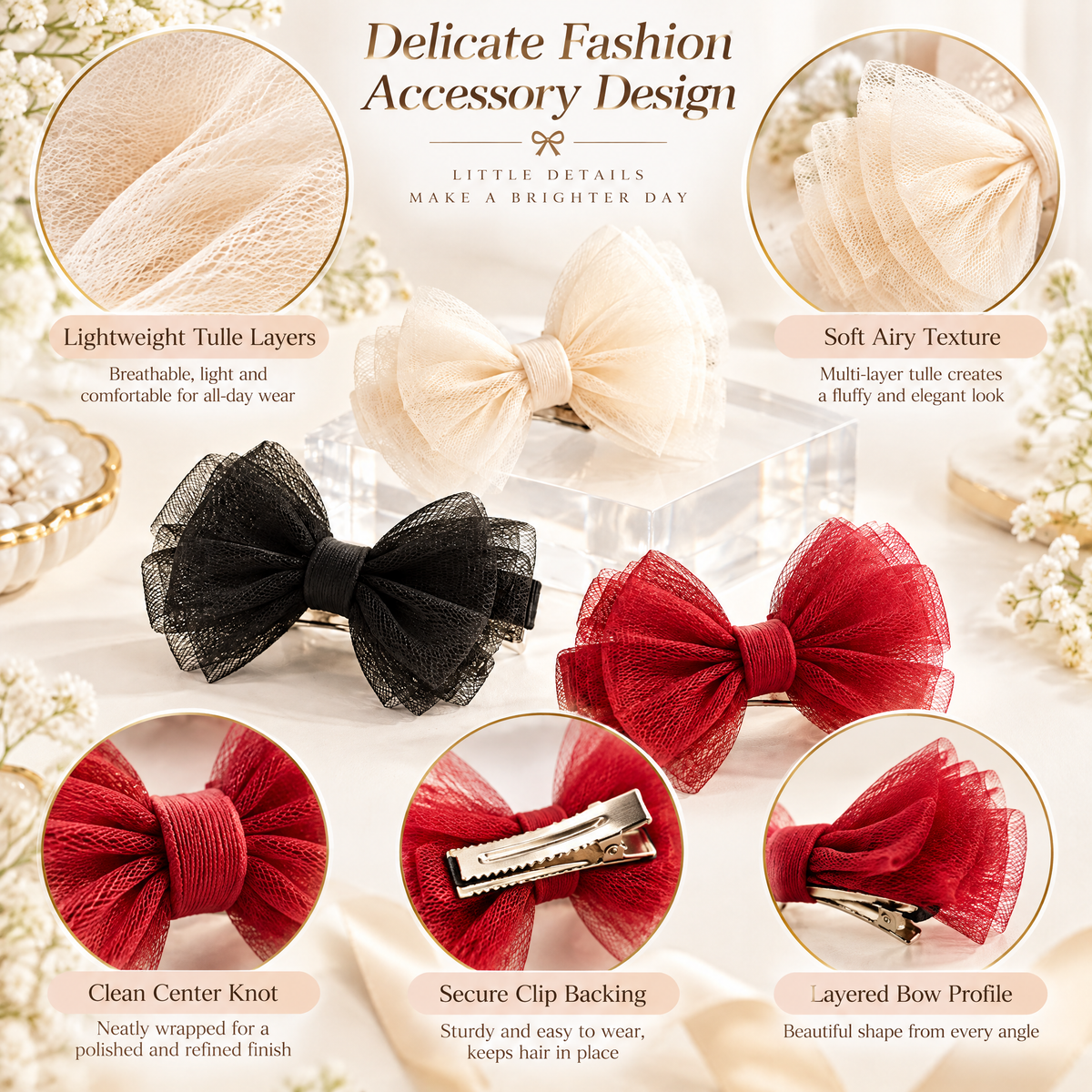 Avelnoris™ Layered Tulle Bow Hair Clip Set