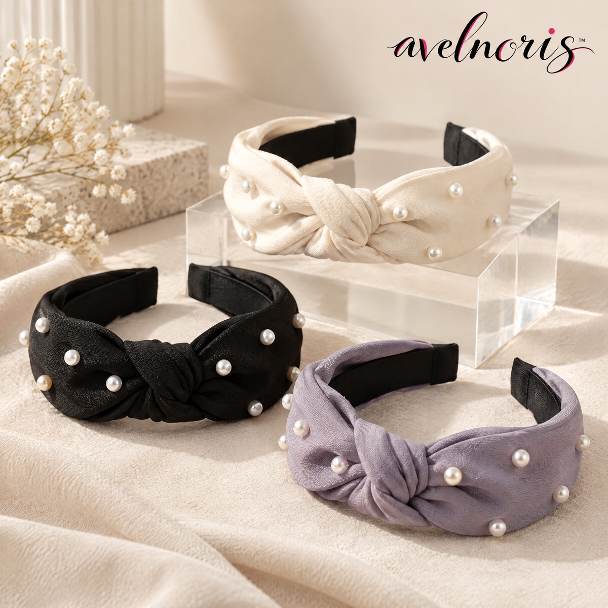Avelnoris™ Pearl Embellished Knotted Headband Set