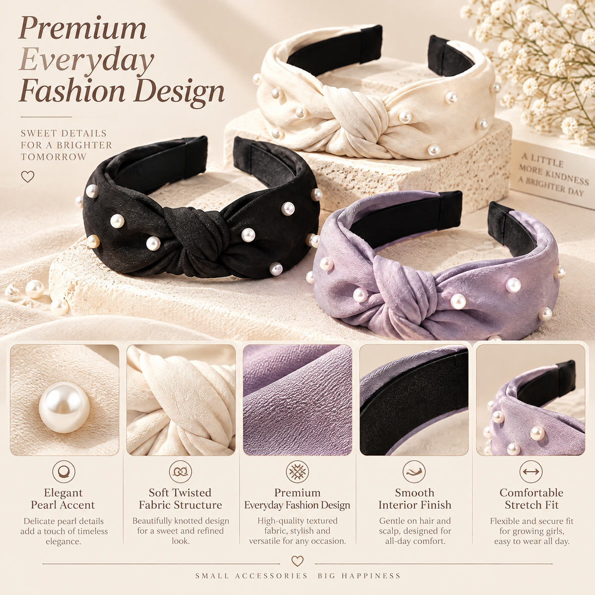 Avelnoris™ Pearl Embellished Knotted Headband Set